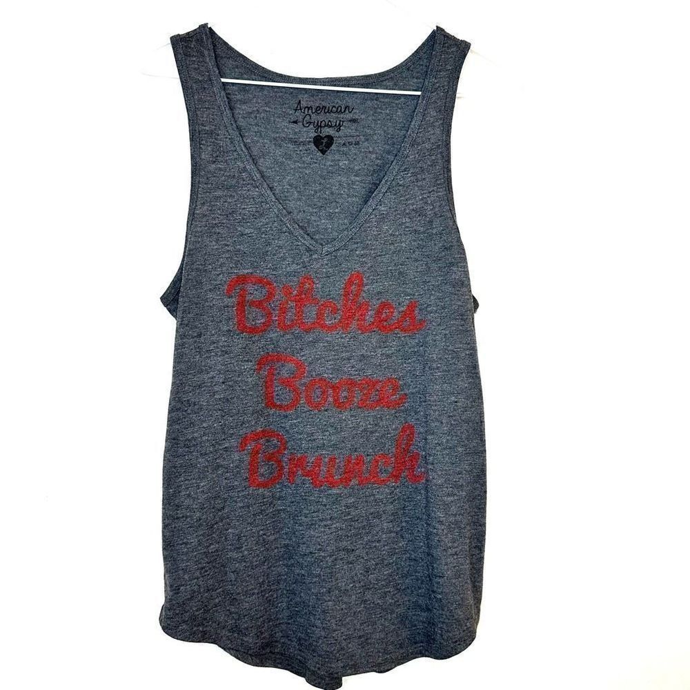 American Gypsy "Bitches, Booze, Brunch" Sleeveless V-Neck Tank Top Large